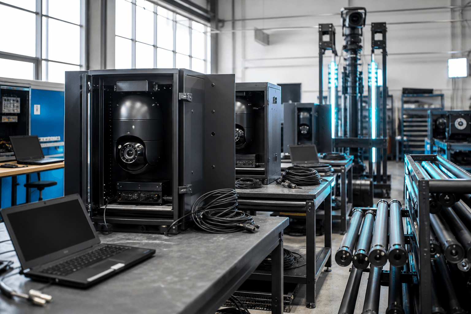 Surveillance cabinets and telescopic mast sections being assembled in the workshop