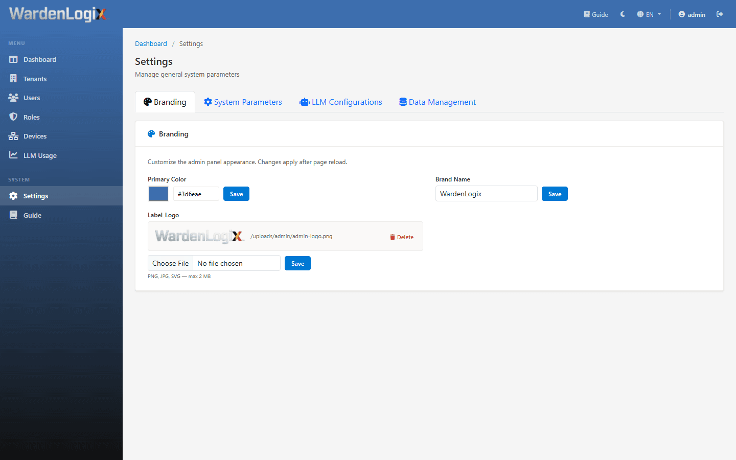 Platform settings page for branding, colours and system-wide configuration