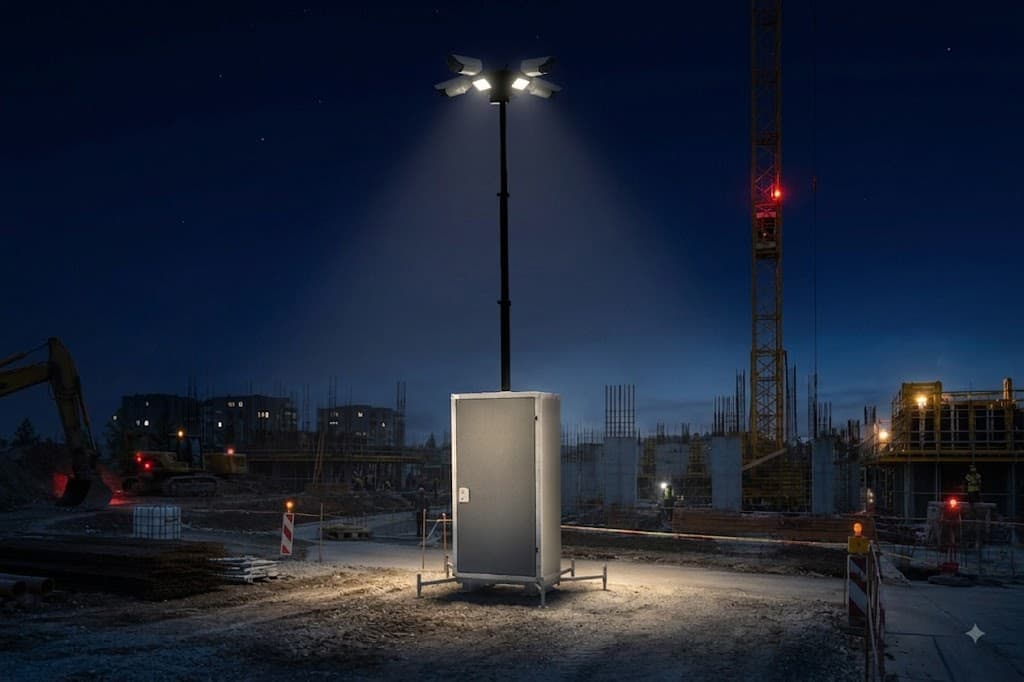 A mobile surveillance tower with its mast raised on a construction site at dusk